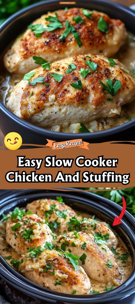 Embrace the comfort of Easy Slow Cooker Chicken and Stuffing, a fuss-free meal that’s perfect for busy days. Just set your slow cooker in the morning and come home to the aromas of tender chicken paired with moist, herb-seasoned stuffing. It’s like Thanksgiving dinner with minimal effort any day of the year. #SlowCookerChicken #ComfortFood #EasyMeals Crockpot Chicken And Stuffing Easy, Chicken And Stuffing In Crockpot, Crockpot Chicken And Stuffing Recipe, Slow Cooker Chicken And Stuffing, Holiday Crockpot, Crockpot Stuffing, Chicken And Stuffing, Slow Cooker Baking, Easy Slow Cooker Chicken