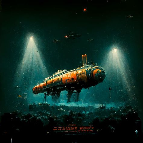 Deep sea submarine on the sea floor. Yellow sub design with searchlights searching for underwater life, aquatic station concept art, deep ocean. Movie poster design for aquatic sci-fi movies. Cinematic lighting. Deep sea creatures, tech, technology, vehicles, submarines. Beneath the deepest depths... sing the song! Submarine Concept Design, Underwater Submarine, Ocean Technology, Deep Sea Submarine, Underwater Technology, Underwater Station, Underwater Habitat, Sci Fi Submarine Concept Art, Deep Sea Exploration