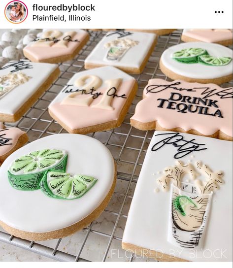 Casamigos Cookies, Tacos And Tequila Cookies, Tequila Cookies Decorated, Margarita Cookies Decorated, Booze Cookies, Tequila Cookies, 818 Birthday, Bach Cookies, Alcohol Cookies