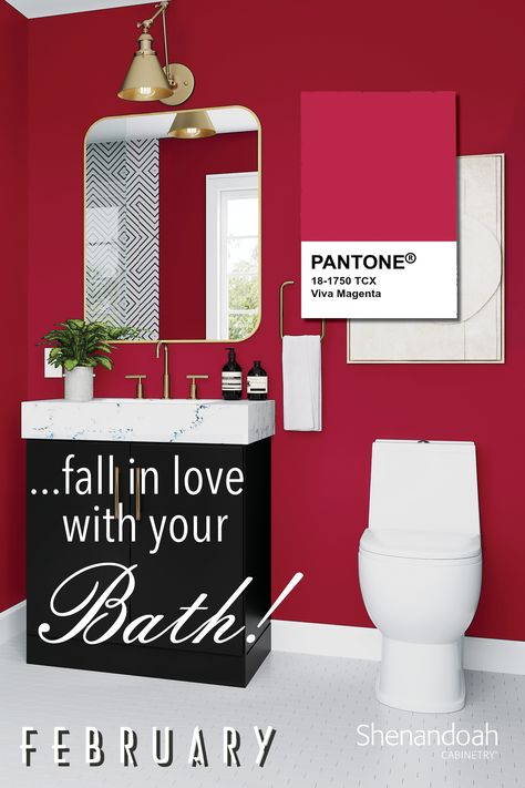 Magenta Wall Color, Magenta Walls, Retro Pink Bathroom, Pink Bathrooms, Highlights Natural, Painted Bathroom, Viva Magenta, Black Vanity, Pink Bathroom