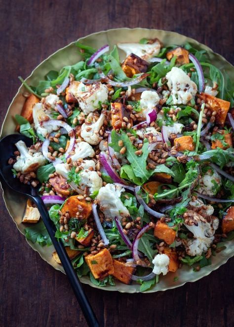 Roasted Cauliflower, Kumara, Rocket and Crunchy Barley Salad Two Raw Sisters Recipes, Kumara Recipes, Kumara Salad, Cauliflower And Radish Salad, Roast Fennel Salad, Barley Salad Recipes, Harissa Roasted Cauliflower, Smitten Kitchen Cauliflower Salad, How To Cook Barley