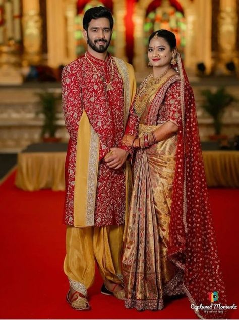 Groom Marriage Dress Indian, Wedding Couple Saree And Suit, Pattu Red Blouse Designs, Bridal Sarees For Wedding Indian, Red Kurta For Men Wedding, Marathi Couple Wedding Dress, Couple Dresses For Reception, Bride And Groom South Indian Wedding Outfit For Reception, South Indian Couple Wedding Outfit