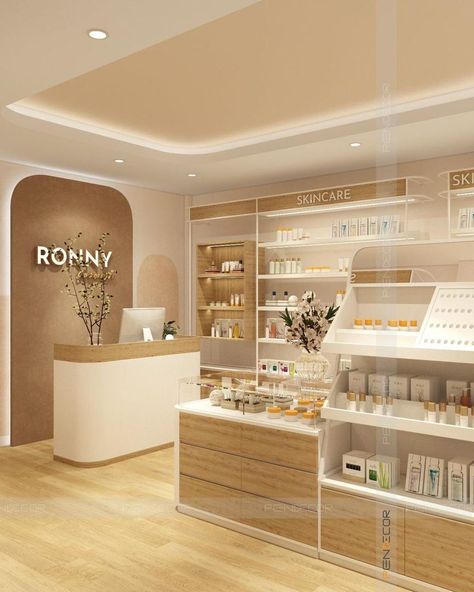 Small Shop Interior Design Retail, Skin Care Store Design, Spa Organization Ideas, Cosmetic Interior Design, Cosmetic Shop Design Ideas, Cosmetic Store Design Interiors, Cosmetics Shop Design Store Interiors, Small Pharmacy Design, Cosmetics Store Design