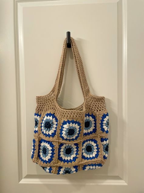 Evil Eye Granny Square Bag, Crochet Evil Eye Granny Square, Evil Eye Granny Square, Eye Granny Square, Crochet Evil Eye, Granny Square Tote, Yarn Tote, Crocheted Bags, Granny Square Bag