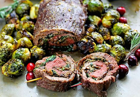 ON THE MENU WEEK OF JUNE 4TH - StoneGable Spinach Stuffed Flank Steak, Stuffed Flank Steak Recipes, Baked Stuffed Flank Steak, Stuffed Steak, Stuffed Flank Steak, Brussel Sprout Recipes Roasted, Mushroom Spinach, Flank Steak Recipes, Meat Rolls