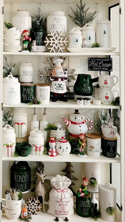 Christmas Rae Dunn Display, Gingerbread Ideas, Curio Cabinet Decor, Rae Dunn Christmas, Art 2023, Centerpieces Diy, White Window, Winter Decorations, Christmas Farmhouse