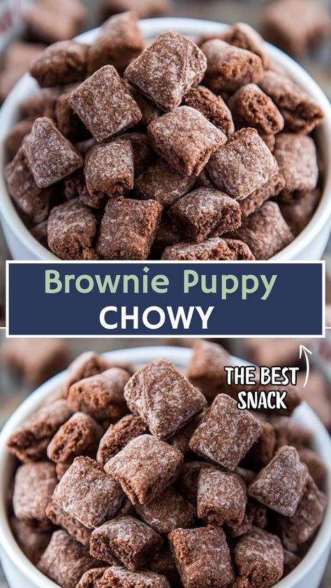 Brownie Puppy Chow Brownie Chex Mix Recipes, Brownie Batter Puppy Chow Recipe, Mud Puppies Recipe, Coyote Poop Recipe, Non Peanut Butter Puppy Chow, Brownie Puppy Chow Recipe, Brownie Puppy Chow, Brownie Batter Muddy Buddies, Brownie Muddy Buddies Recipe