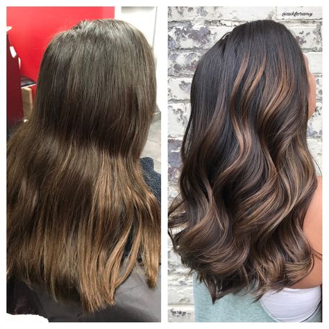 Before and after caramel balayage on brunette brown hair transformation by @askforamy Brown Hair Transformation, Brown Hair Makeover, Balayage On Brunette, Balayage Before And After, Makeover Before And After, Caramel Balayage, Hair Makeover, Brunette Hair, Hair Transformation