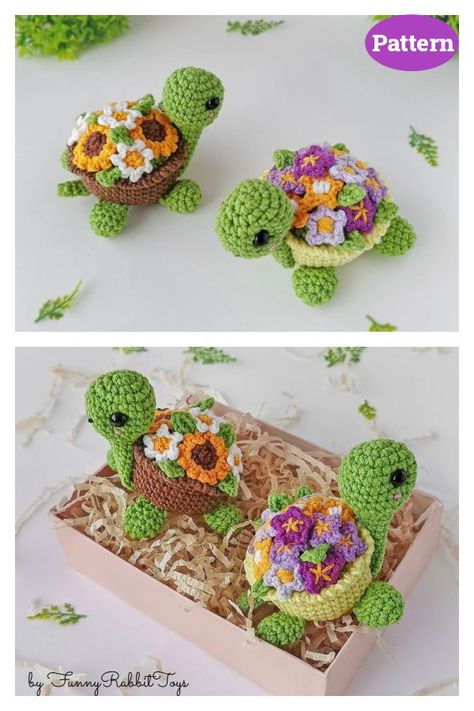 Turtle with Flowers Crochet Pattern Hawaii Crochet, Crochet Flower Basket, Crochet Tropical, Flowers Crochet Pattern, Colorful Sea Creatures, Crochet Turtles, Crochet Creatures, Turtle Amigurumi, Crochet Mushroom