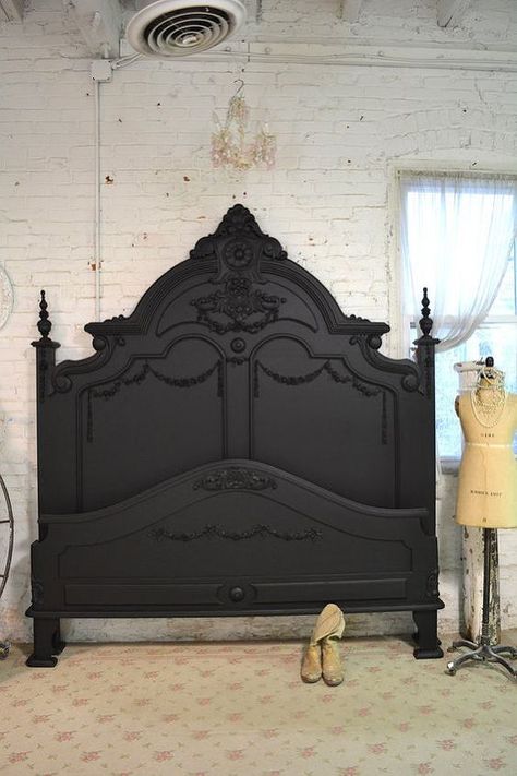 Do you have guests coming over for the holidays and need to refresh your guest room? The quickest way to refresh any room is with a little paint. We're painting a KING size bed in 45 minutes! Not just a headboard either. We're doing the headboard, footboard and rails in 45 minutes using All In One Paint. It requires 2 coats, dries quickly and best of all: NO SandingNO StrippingNO WaxingNO Topcoating! Just YES to a fabulous new guest room. To see our LIVE tutorial on this projec… Black Bed Frame, Whimsical Painted Furniture, Painted Beds, Romantic Bed, Black Bed, Black Bedroom Furniture, Painted Cottage, Shabby Chic Bedrooms, French Cottage