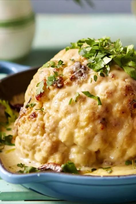 Cauliflower With Cheese Sauce, Cauliflower Cheese Sauce, Cauliflower With Cheese, Cheese Sauce For Cauliflower, Whole Cauliflower, Beef Wellington Recipe, Whole Roasted Cauliflower, Cheese Sauce Recipe, Meat Free Recipes