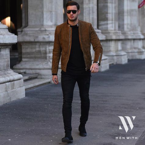 « It's so good to be in team @menwithstreetstyle  Thank you for another feature! » Men Biker Style, Outfit Hombre Casual, Growing Instagram, Suede Jacket Men, Herren Style, Web Platform, Suede Leather Jacket, Mens Fashion Edgy, Mens Fashion Smart