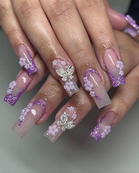 Sweet 16 Nails, Quince Nails, Quinceanera Nails, Purple Glitter Nails, Lilac Nails, Purple Acrylic Nails, Lavender Nails, Girly Acrylic Nails, Cute Acrylic Nail Designs