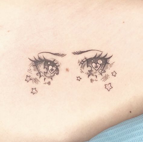 Tattoo by @sashatattoo.nyc on Instagram, who is based in New York City, USA. Cute Eye Tattoo, Tattoo On Eye, Cute Anime Tattoos Small, Out Line Tattoo, Sleepy Tattoo, Anime Eye Tattoo, Cute Anime Tattoos, Anime Eyes Tattoo, Kpop Tattoo