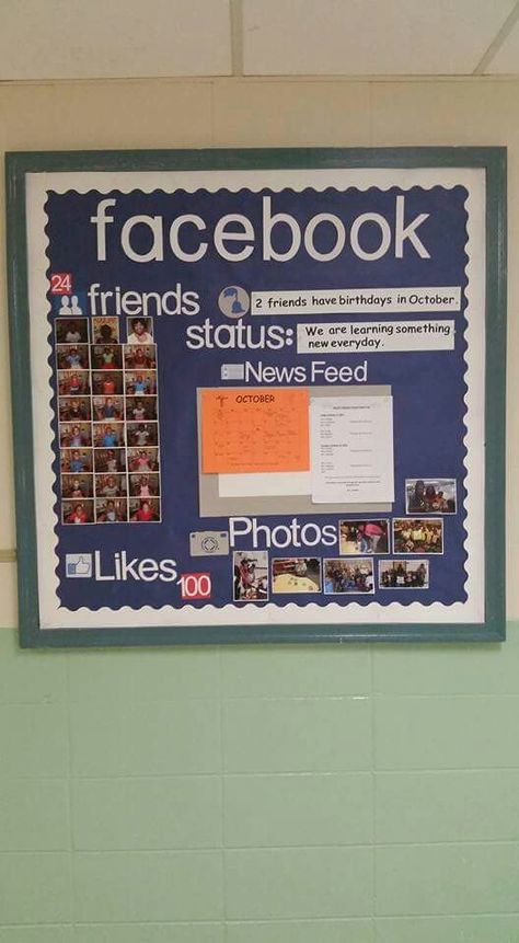 Facebook bulletin board Billeting Board Ideas, Facebook Bulletin Board, Instagram Bulletin Board, Art Bulletin Boards, Diy Bulletin Board, Teacher Bulletin Boards, Facebook Frame, Dean Of Students, Classroom Schedule