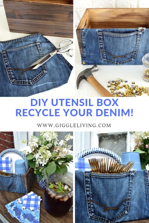 Get ready for fall entertaining by creating a DIY denim utensil box!  See the easy tutorial for recycling old jeans into a functional party decoration for buffet style entertaining! #diy #partydecoration #craft #partyideas #recycle Denim Kitchen Decor, Denim Centerpiece Ideas, Denim Party Decorations, Denim Table Decor, Denim Baby Shower, Diamonds And Denim Party, Diy Utensils, Denim And Pearls, Diy Party Crafts