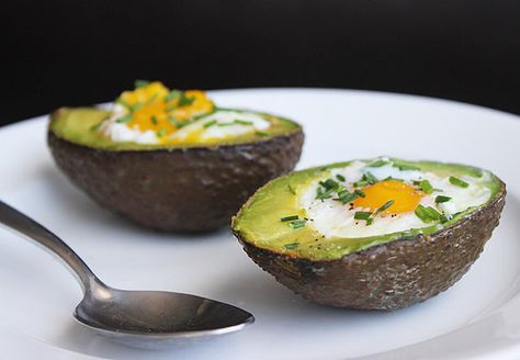 Baked Eggs in Avocado Recipe | POPSUGAR Fitness Avocado Egg Recipes, Paleo Vegetarian Recipes, Avocado Egg Bake, Avocado Recipe, Paleo Breakfast, Vegetarian Paleo, Avocado Recipes, Baked Eggs, Food Cakes