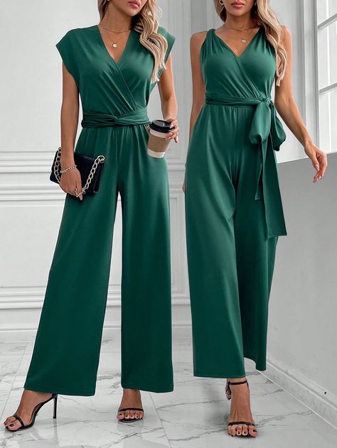 Women Solid Color Multi-Way Wrap Tie Jumpsuit Green Elegant  Sleeveless Fabric Plain Wide Leg Medium Stretch  Women Clothing, size features are:Bust: ,Length: ,Sleeve Length: Fall Inspired Wedding, Wedding Guest Romper, Husband Fathers Day Gifts, Push Up Lingerie, Party Rompers, Bohemia Style, Green Jumpsuit, Strapless Jumpsuit, Bandana Hairstyles