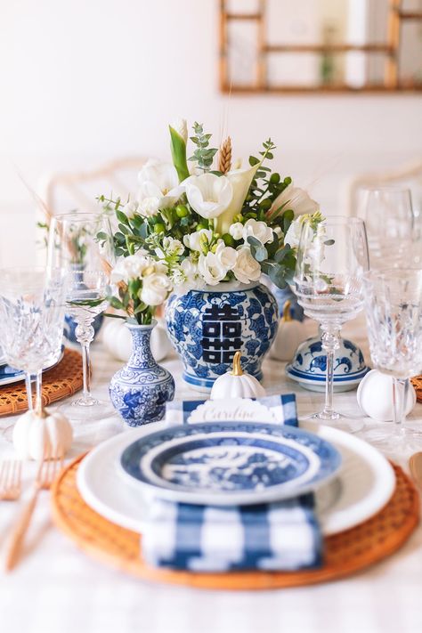 Blue And Yellow Tablescapes, Blue Tablescapes, Gorgeous Tablescapes, Blue And White Tablescapes, Blue And White Table Setting, White Table Setting, Fall Blue, White Ginger Jars, Tablescape Ideas