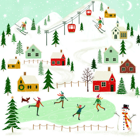 Friends Ice Skating, Christmas Scene Drawing, Village Boy, Phone Images, Xmas Village, Christmas Ice Skates, Bakery Store, Charity Christmas Cards, Scene Drawing