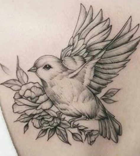 Mocking Bird Tattoo Ideas, Sparrow Tattoo With Flowers, Canary Bird Tattoo, Bird Tattoo On Shoulder, Bird With Flowers Tattoo, Birds And Flowers Tattoo, Canary Tattoo, Memorial Tattoos Mom, Bird Shoulder Tattoos