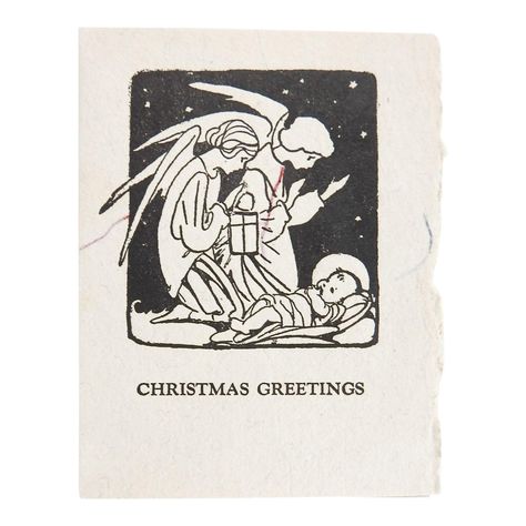 Tiny Vintage 1930 Angel Block Print Christmas Card | Chairish Christmas Card Block Print, New Baby Christmas Card, Block Print Christmas Card, Linocut Christmas Cards, Christmas Envelope Art, Block Print Christmas, Christmas Post Cards, Linoleum Printmaking, Nativity Painting