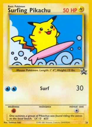 Surfing Pikachu (Wizards Black Star Promos 28) - Lightning - 50 HP - Basic - Artist: Toshinao Aoki. Surfing Pikachu, Mouse Pokemon, Gym Challenge, Cool Pokemon Cards, Pikachu Pikachu, Collectible Trading Cards, Pokemon Trading Card Game, Pokemon Trading Card, Team Rocket