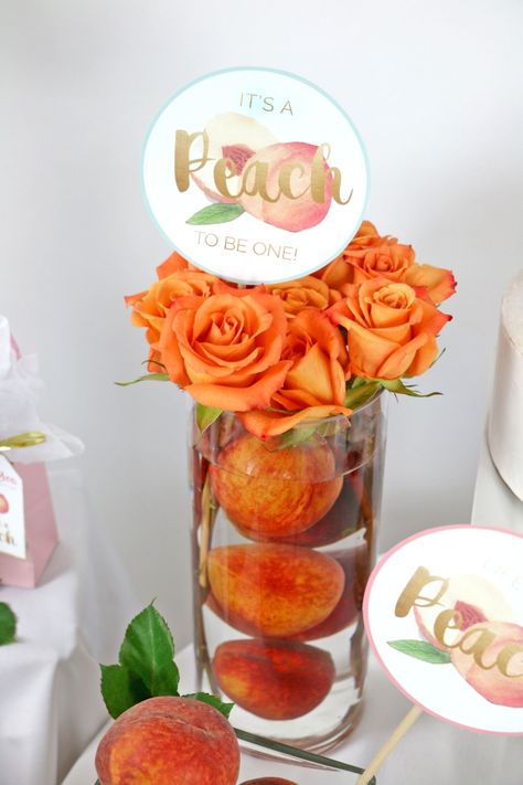 Sweet as A Peach Birthday Decorations - A Touch of LA Peach Party Decorations, Peach Bridal Showers, Peach Decor, Sweet As A Peach, Peach Baby Shower, Emprendimiento Ideas, Peach Party, Orange Party, Cupcake Toppers Printable