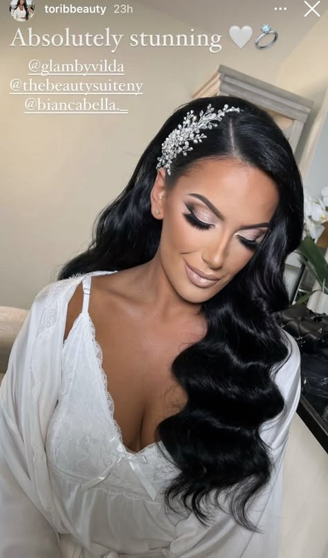 Black Bride Hairstyles Weave, Hollywood Curls With Hair Piece, Weeding Idea Dress, Black Hair Hairstyles Wedding, Hair Extensions Wedding Hairstyles, Bride With Black Hair, Bride Hairstyle 2023, Dramatic Bridal Hair, Bride Hairstyles Black Hair With Veil