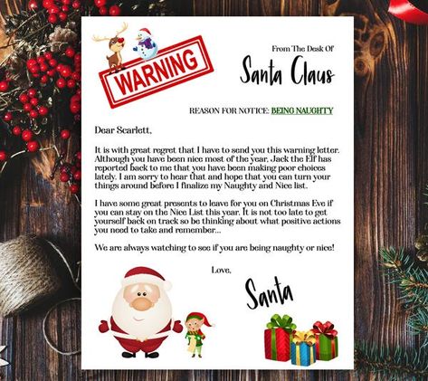 INSTANT DIGITAL DOWNLOAD- CUSTOMIZABLE PDF! Download this custom personalized Warning for naughty behavior Letter from Santa for you to print and deliver to your child around Christmas (or any other time your child needs a friendly reminder)  We recommend printing this design on 8.5 x 11 white card stock. Each document is 8.5 x 11 and editable Edit your items at Corjl.com right after purchasing. - No waiting! You'll have access to your item right after purchasing. - No need to download any softw Santa Warning Letter, Christmas Letter From Santa, Elf Letter, Santa Letter Template, Elf Letters, Letter From Santa, Christmas Letter, Bad Kids, Letter Template