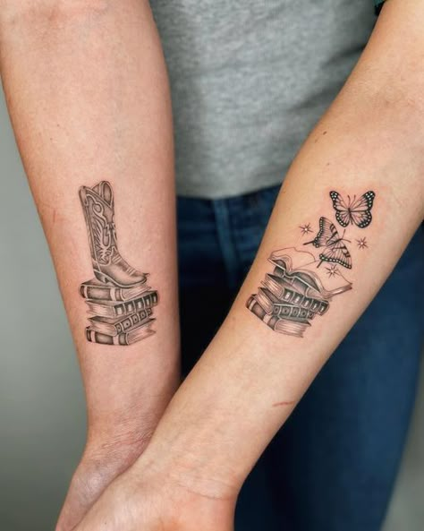 Bff Book Tattoos, Bookish Friend Tattoos, Matching Best Friend Book Tattoos, Best Friend Tattoos Books, Bookish Best Friend Tattoos, Book Best Friend Tattoos, Matching Book Tattoos For Best Friends, Matching But Different Tattoos For Best Friends, Best Friend Book Tattoos