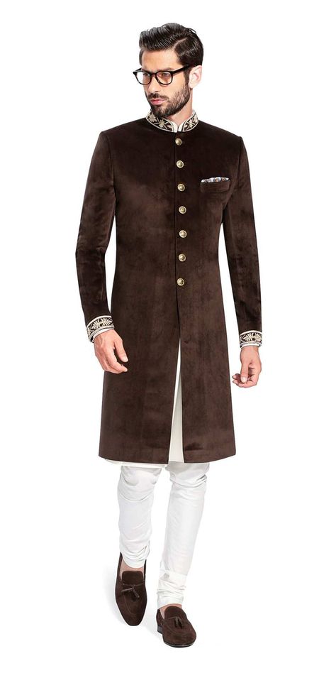 Worldwide Shipment. Book Appointment.  +918826465043. Sherwani. Indowestern. Grooms Wear. Indian Formal Wear, Tailored Suits For Men, Royal Attire, Custom Tailored Suits, Mens Indian Wear, Reception Outfits, Sherwani For Men Wedding, Wedding Kurta For Men, Brown Embroidery