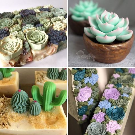 Homemade cactus soaps for succulent lovers. If you love cacti and other succulents, then be sure to shop these amazing artisan soap finds from Etsy. Beautiful cactus soaps for handmade gifts or DIY inspiration. Plus 7 tutorials for making your own cactus soaps and custom cactus soap molds. Succulent Soap Ideas, Homemade Soap Molds, Succulent Soap, Diy Soap Making, Soap Making Tutorials, Soap Design Ideas, Soap Design, Soap Tutorial, Beautiful Cactus