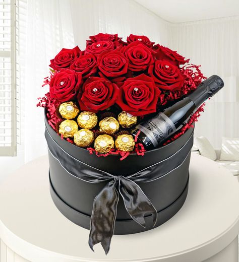 Grand Roses and Prosecco Valentine's Flowers, Flowers And Chocolate, Hat Box Flowers, Chocolate Delivery, Valentines Day Baskets, Best Roses, Roses Valentines Day, Ferrero Rocher Chocolates, Send Flowers Online