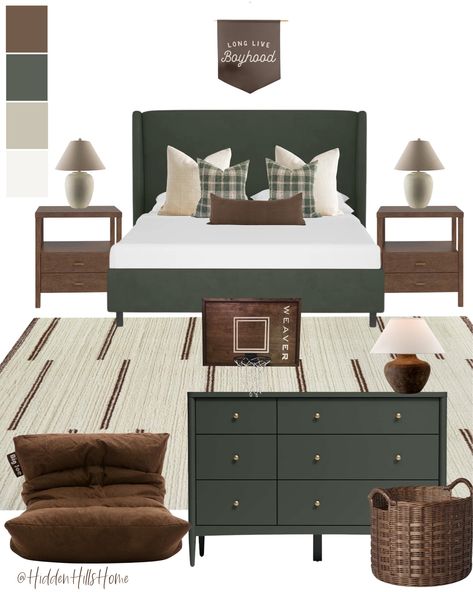 Tilly Upholstered Low Profile … curated on LTK Olive Green Rooms, Boys Room Decor Ideas, Boys Bedroom Green, Teen Boys Room, Bedroom Mood Board, Green Headboard, Room Decor Inspiration, Brown Boys