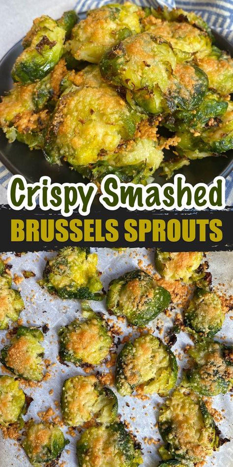 How to make the world's best vegetable side dish. Even if you don't like brussels sprouts, you're going to love this ingenious way of baking them. You can make this easy recipe with fresh or frozen sprouts! They just need to be steamed first. The frozen brussels sprouts can be steamed in the microwave directly in the bag to make it extra easy. Then toss with olive oil and seasoning. Line them on a large baking sheet and smash with the bottom of a cup. Top with grated parmesan and bake! So easy. Crispy Smashed Brussel Sprouts, Healthy Side Dish Recipes, Smashed Brussel Sprouts, Smashed Brussels Sprouts, Easy Veggie Side Dish, Veggie Side Dish Recipes, Brussel Sprout Recipes Roasted, Breakfast Low Carb, Easy Veggie