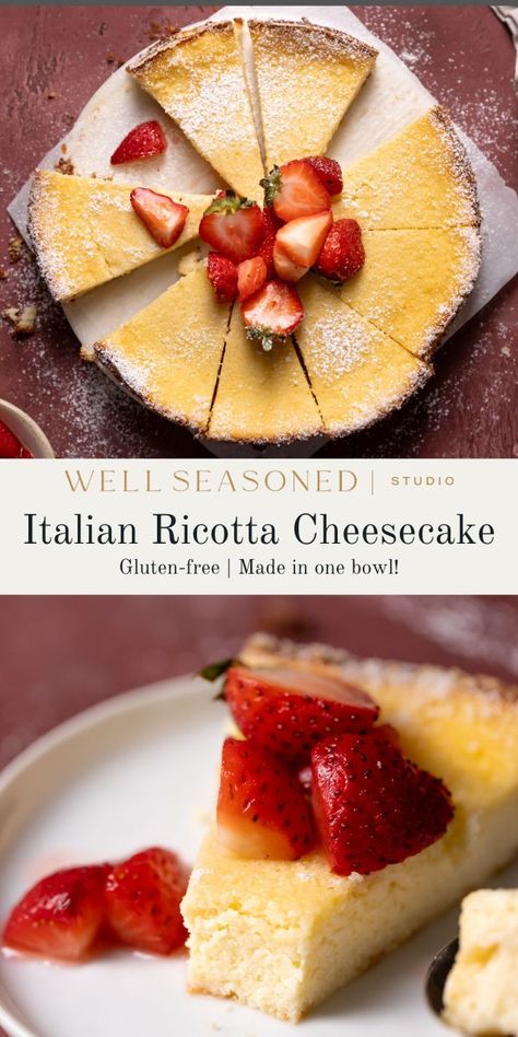 Italian Ricotta Cheesecake has a light, fluffy texture and a rich, creamy, flavor. It's crustless, made easily in one bowl, and is lightly sweet. Enjoy it with fresh or macerated fruit and a drizzle of honey. Gluten-free. #wellseasonedstdio #italianricottacheesecake #cheesecake #ricottacheesecake Ricotta Recipes Dessert, Italian Ricotta Cheesecake, Ricotta Dessert, Italian Cheesecake, Cheesecake With Whipped Cream, Gluten Free Italian, Ricotta Cheesecake, Ricotta Recipes, Gluten Free Cheesecake