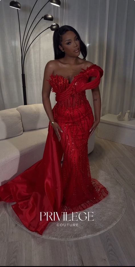 Red Dresses Black Women, Bride Asoebi Styles, Red Reception Dress, Nigerian Wedding Reception Dress, Asoebi Dress Styles, Nigerian Prom Dress, Red Bridesmaids Dresses, Matric Farewell Dresses, Nigerian Traditional Dresses