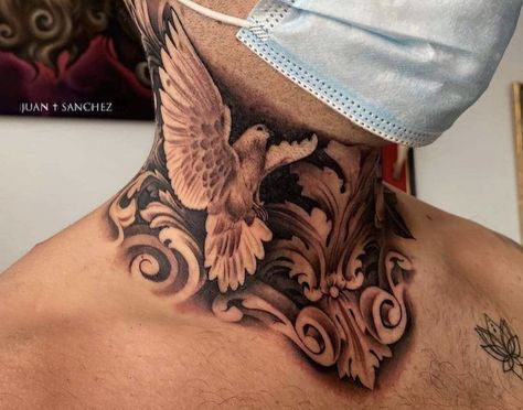 Throat Rose Tattoo, Neck Memorial Tattoo, Mens Floral Chest Tattoo, Filigree Neck Tattoo, Middle Neck Tattoo Men, Hood Neck Tattoo For Guys, Shoulder Tattoo Designs, Front Neck Tattoo, Full Neck Tattoos