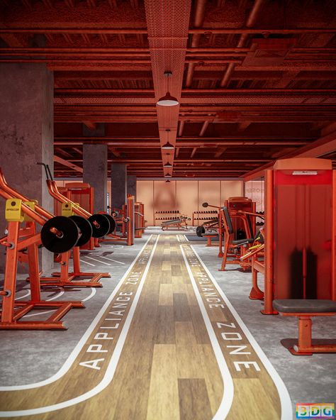 Gym on Behance Orange Gym, Gym Design Interior, House Gym, Gym Lockers, Gym Interior, 3d Blender, Office Gym, Lightroom Classic, Home Gym Design