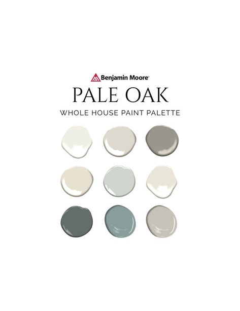 Pale Oak Trim, Pale Oak Paint, Benjamin Moore Palladian Blue, Blue Paint Palette, Grey Paint Palette, Pale Oak Benjamin Moore, Coastal Paint Palette, Benjamin Moore Pale Oak, Whole House Paint Colors