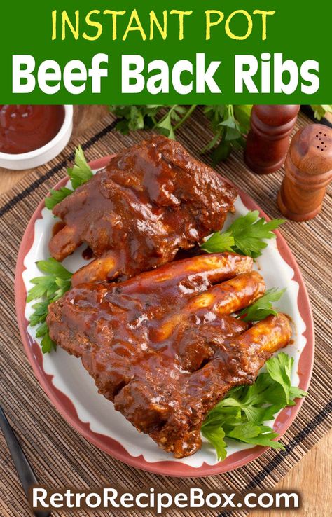 Instant Pot Beef Back Ribs are tender & delicious, with a flavorful ribs spice rub & bbq sauce. Instant Pot Beef Ribs recipe, Instapot beef ribs, How to make Instant Pot Ribs, easy Instant Pot recipes by retrorecipebox.com Instapot Beef Ribs, Instant Pot Beef Ribs, Pressure Cooker Beef Ribs, Pressure Cooker Ribs, Instant Pot Ribs, Ribs Easy, Bbq Beef Short Ribs, Beef Back Ribs, Beef Ribs Recipe