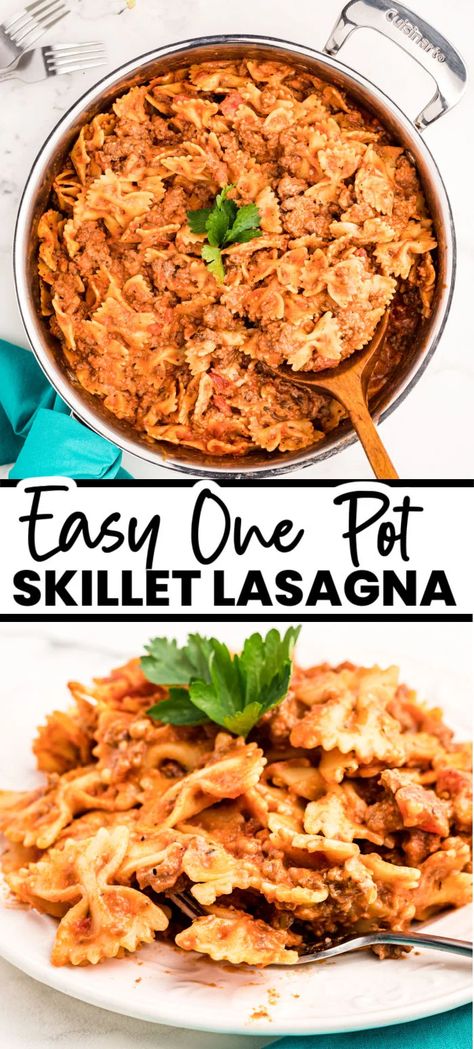 Bowtie Skillet Lasagna, Lasagna Bowtie Pasta, Easy Lasagna Skillet, Lasagna With Bow Tie Pasta, Ground Beef Lasagna Recipe Easy, Meals With Bowtie Pasta, Cheap Stove Top Dinner Ideas, Dinner Ideas Stovetop Meals, Baked Bowtie Pasta Recipes