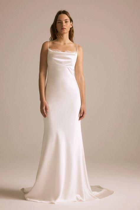 Nouvelle Amsale Style #R443FS. 
                        Satin crepe bias gown with Chantilly lace trimmed cowl neck and streamer. Cowl Neck Wedding Dress, Amsale Wedding Dress, Amsale Bridal, Amsale Dress, Plain Wedding Dress, Satin Wedding Gown, Crepe Gown, Wedding Dress With Veil, White Gowns