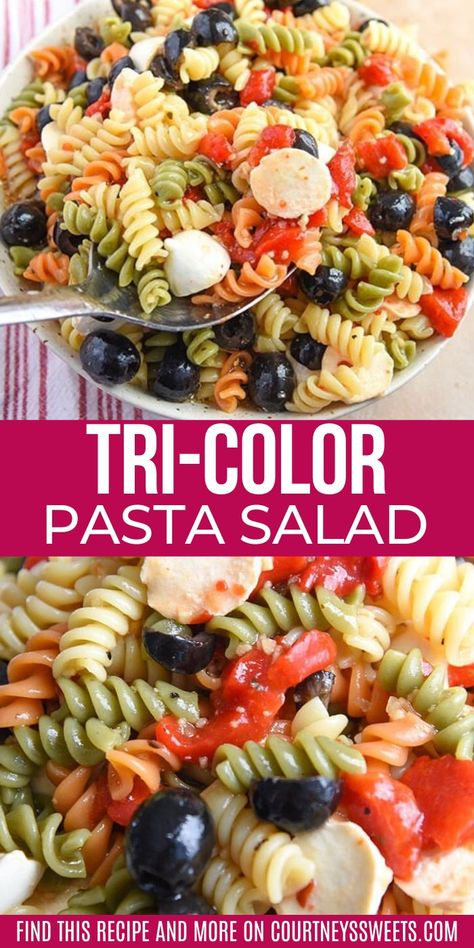 Diy Pasta Salad, Color Pasta Salad, Tri Color Pasta Salad, Rotini Pasta Recipes, Rotini Pasta Salad, Easy Italian Pasta Salad, Tri Color Pasta, Rainbow Pasta, Colored Pasta