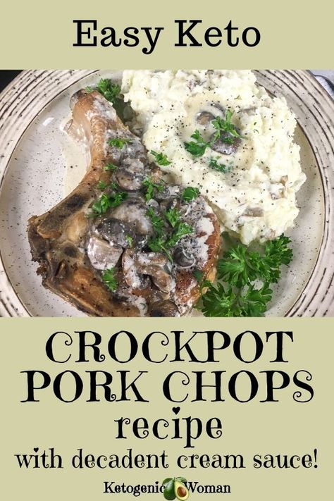 These Keto thick pork chops with creamy mushroom sauce are my new favorite recipe, they were a total crowd pleaser! Try these easy, delicious, slow cooker pork chops today! #crockpot #homemade #ketogenic #lowcarb Thick Pork Chops, Slow Cooker Pork Chops Recipes, Pork Chops Bone In, Keto Pork Chops, Pork Chop Recipes Crockpot, Crockpot Pork Chops, Slow Cooker Pork Chops, Keto Crockpot Recipes, Creamy Mushroom Sauce