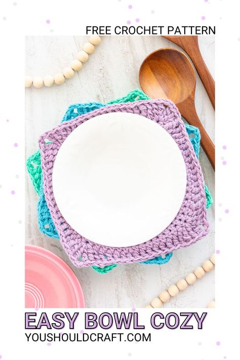 Bowl Koozie Pattern Crochet, Crochet Hot Bowl Holder, Crochet Bowl Cosy Free Pattern, Crocheted Bowls Pattern Free, Soup Bowl Cozy Pattern Easy Crochet, Crocheted Bowl Cozy, Crochet Plate Cozy Free Pattern, Small Bowl Cozy Pattern Free, Crochet Bowl Cozies Free Pattern