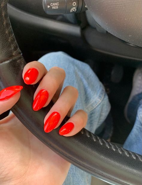 Red Nail Tips Almond, Rounded Red Nails, Summer Red Nails 2024, Red Ferrari Nails, Red Hot Nails, Red Summer Nails 2024, Red Solid Nails, Bright Red Orange Nails, Bright Red Almond Nails