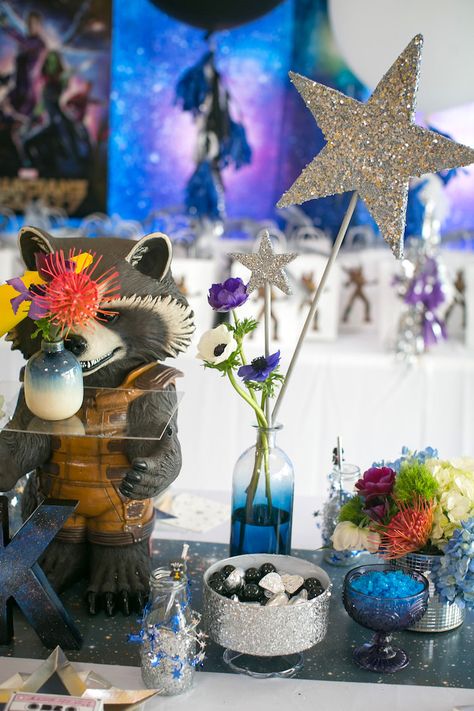 Guardians Of The Galaxy Themed Party, Galaxy Centerpiece Ideas Birthday, Guardians Of The Galaxy Centerpieces, Galaxy Party Centerpiece, Galaxy Centerpiece Ideas, Baby Groot Cake, Groot Party, Guardians Of The Galaxy Birthday, Astronomy Birthday