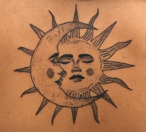 Sun Moon Tattoo Thigh, Woodcut Sun Tattoo, Mexican Sun And Moon Tattoo, Indie Henna, Vintage Sun Tattoo, Granola Tattoo Ideas, American Traditional Sun Tattoo, Tattoo Ideas Sun And Moon, Sun Tattoo With Face